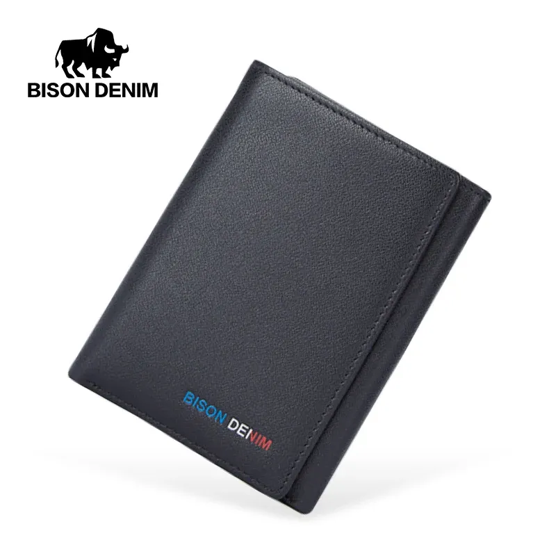 Plånböcker bison denim mäns plånbok läder 100% trifold vertikal sektioncoin handväska korthållare blixtlås w45432b