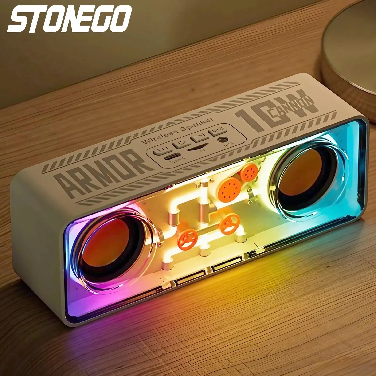 Stonego 1pc Punkstil Dual -Lautsprecher transparent mechanische drahtlose Bluetooth -LED TWS Bass Membran Sound 240419