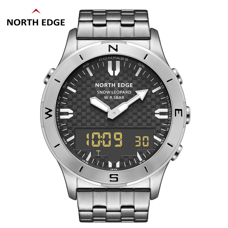 North Edge Snow Leopard Sports Watch Altimeter Barômetro Termômetro Termômetro Imperpectivo de 50m de aço da moda ao ar livre Relógio de aço