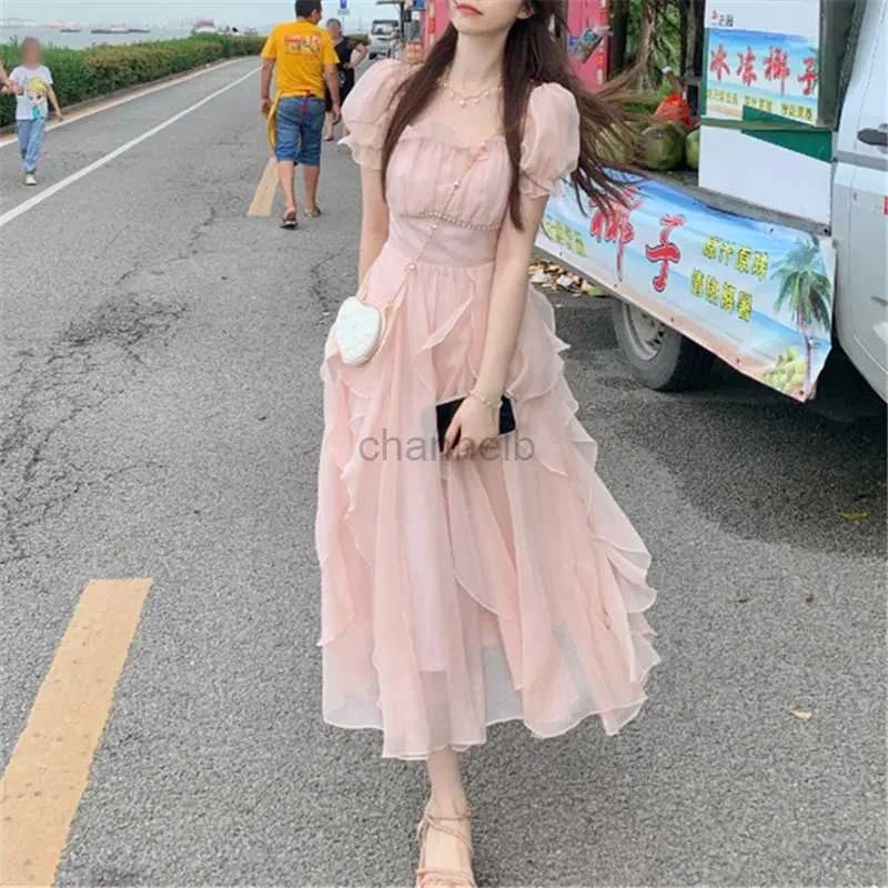 Abiti casual di base Casual Sweet Fairy Evening Abiti midi per donne in pizzo perline in chiffon Bodycon Elegant French Beach Dresses Summer 2023 240419