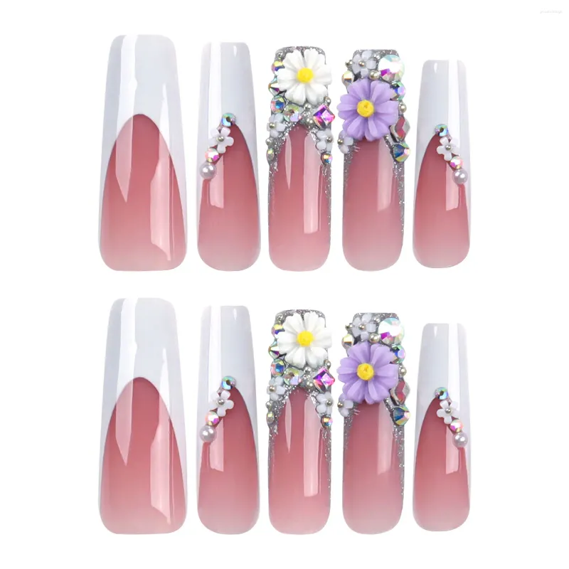 Fałszywe paznokcie 24pcs Kobieta French Nail Reoable Reoable Flower Flower Flower z białymi wskazówkami dla ekspertów w salonie i naiwnych kobiet