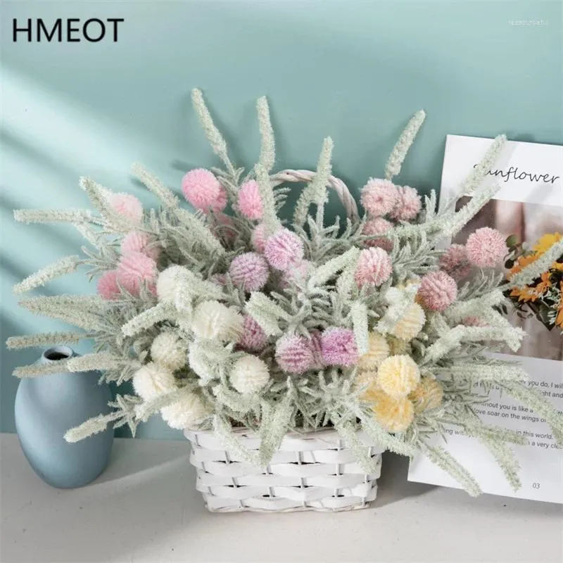 Decoratieve bloemen 10 hoofden/bos flocking paardenbloem pompoms met groen gras kunstmatige bloem bruiloft plant muur materialen Home Decor