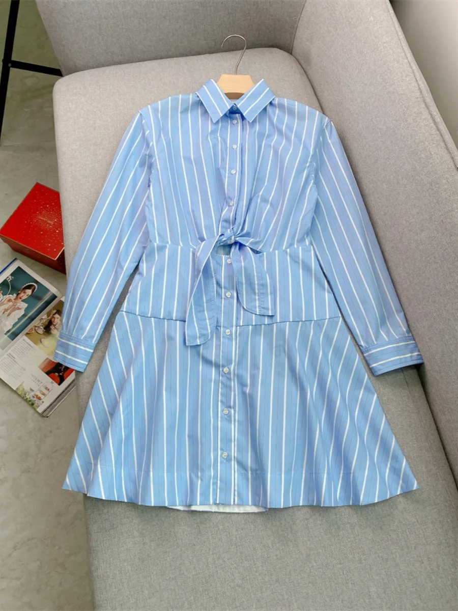 Spring Summer Blue Striped Print Panelled Shirt Dress Long Sleeve Lapel Neck Buttons Single-Breasted Casual Dresses W4A184176