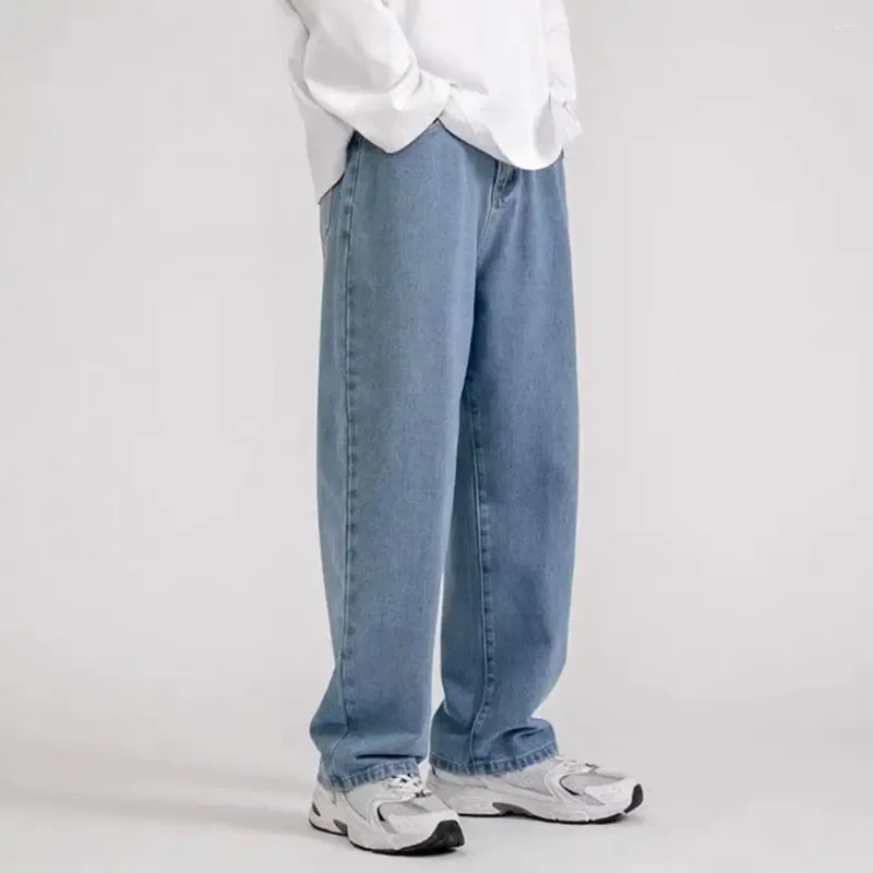 Jeans masculinos homens retro streetwear perna larga com botão com zíper com zíper -calças de cor de cor sólidas soltas para um