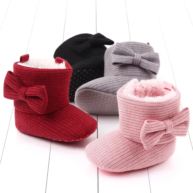 Baby Anklecovered Boots Cute Bowknot Warm Lining Winter Infant First Walking Shoes for Girls Soft Cotton Sole Likes 240415