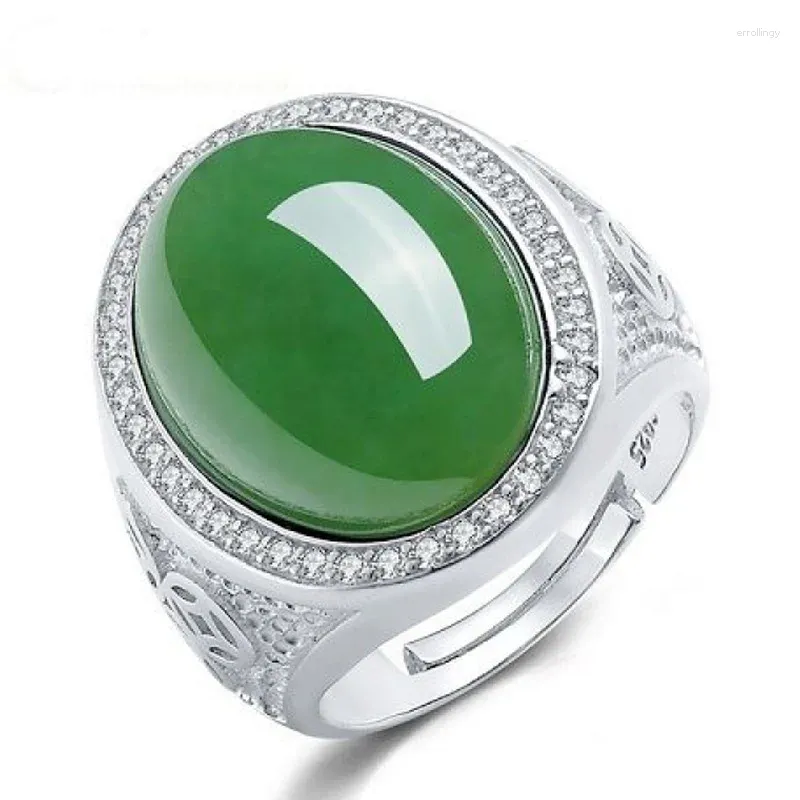 Klusterringar toppklass Jade Green Oval Ring for Men smycken 925 Silver Male Wedding With Shining Stones Hollow Coin Finger Accessories
