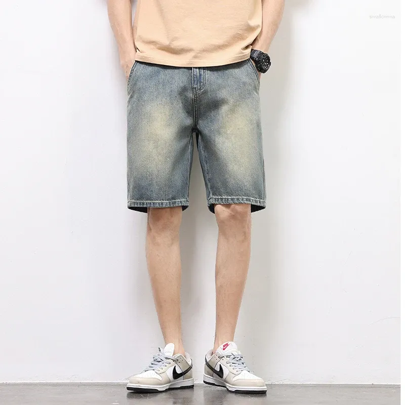 Men's Shorts Men Summe Thin Five-point Denim Vintage Washed Baggy Straight Simple Solid Color Ins Streetwear