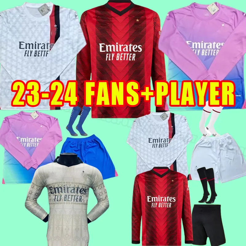 長袖Ibrahimovic 23 24 Soccer Jerseys Giroud R. Leao Bennacer Kessie Romagnoli Calhanoglu Tonali Rebic 2023 2024 Home Away Fans PlayerバージョンMilan