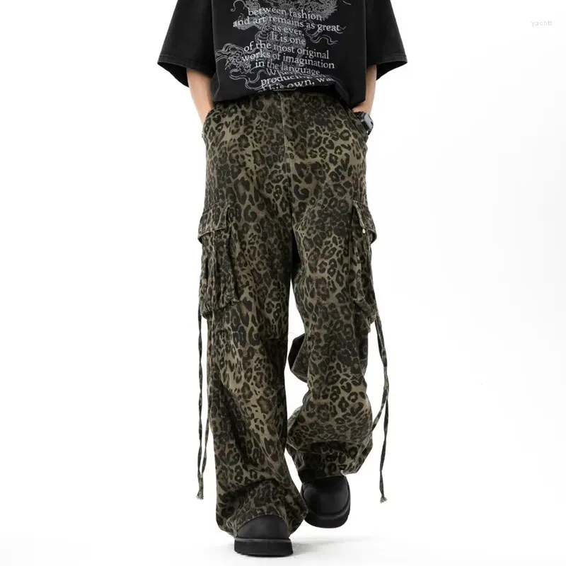 Jeans masculinos 2024 Cyber Y2K Streetwear Leopard Baggy empilhado calças de carga para homens roupas mulheres pernas largas calças compridas