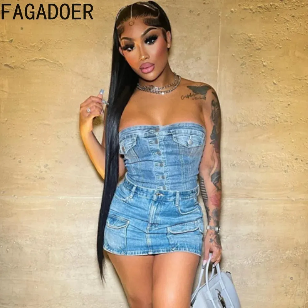 Fagadoer Blue Fashion Denim Elasticité Two Piece Sets Femmes Sans manches tube et mini jupes Sexy Cowboy 2PCS Streetwear 240408