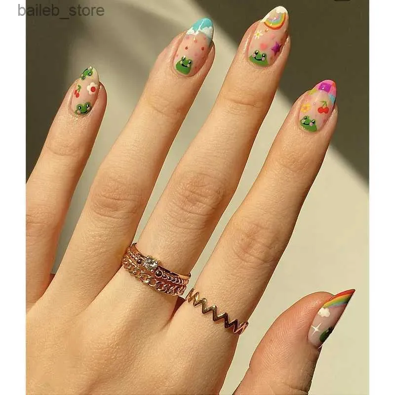 False Nails Cute Frog Flower Fake Nail Patch Round Head Summer Style False Nails for Girl Women Nail Art Manicure Supplies Press on Nails Y240419