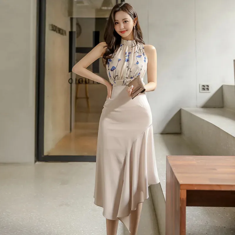 2 Stück Set sexy Partykleid Frauen elegante Druckhemden Blusen hohe Taille geteilte Rüschen Röcke koreanische Büro Dame Anzug 240410