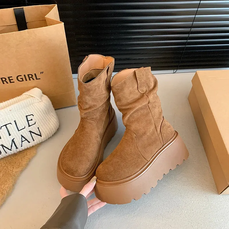 Suede Platform Ankle Boots For Women Mid Heel Walking Shoes Non Slip_voghion.com