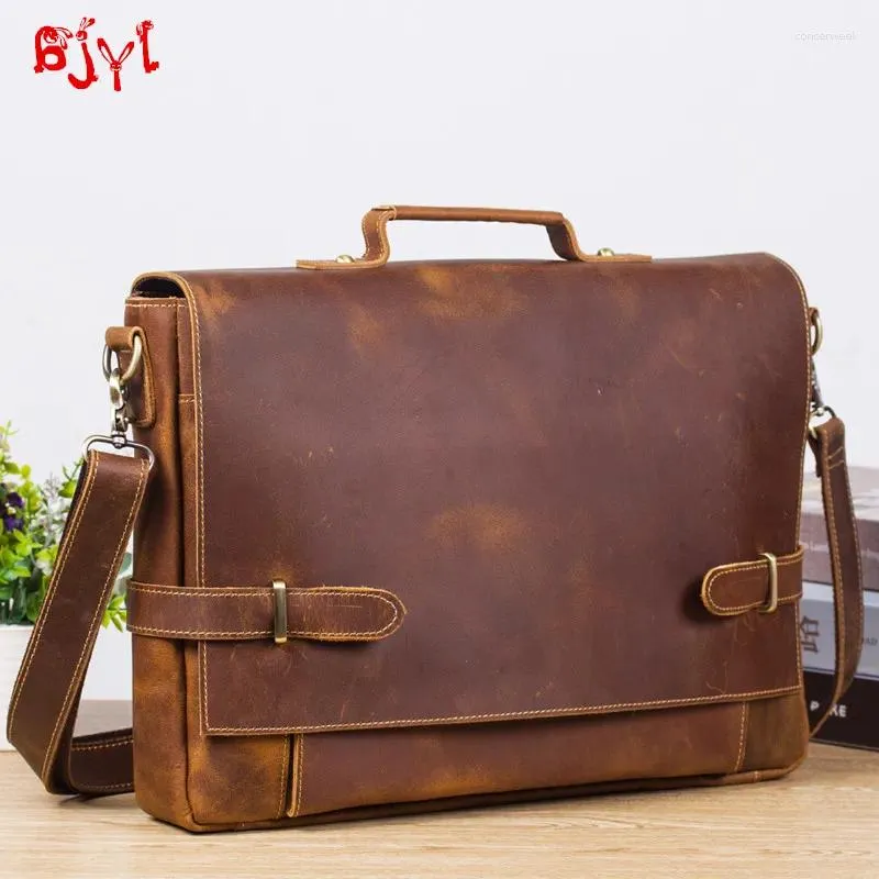 Briefcases Retro Men's Leather Business Briefcase Men Large-capacity Handbag Male Shoulder Cross Computer Bags Crazy Horse