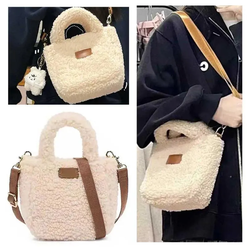 Bag Frauen weiche flauschige Handtasche Verstellbarer Riemen süßer kleiner Eimer Festkanal Lammwolle mit Anhänger für den Herbst Winter