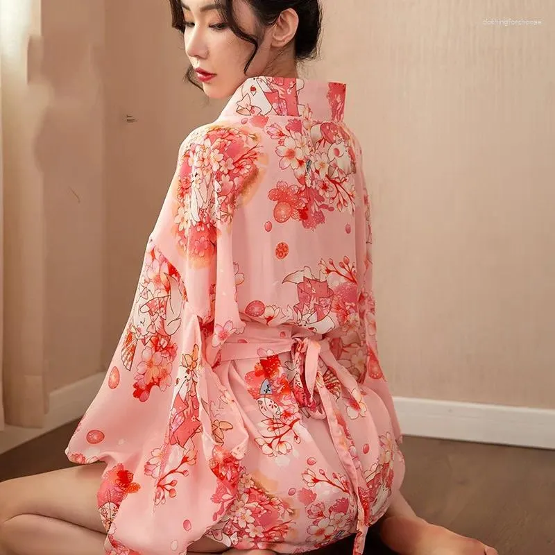 Abbigliamento etnico sexy rosa giapponese kimono accappatolo stampato fiore mini yukata haori nouri notturown intimo lingerie chiffon tunica uniforme