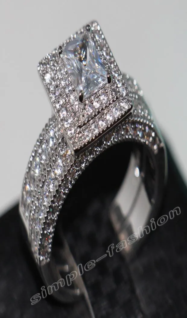 Bijoux de mode faits à la main 138pcs GEM 5A Zircon Stone 14kt White Gold Rempering Band de mariage Ring Bridal Set SZ 5118105743