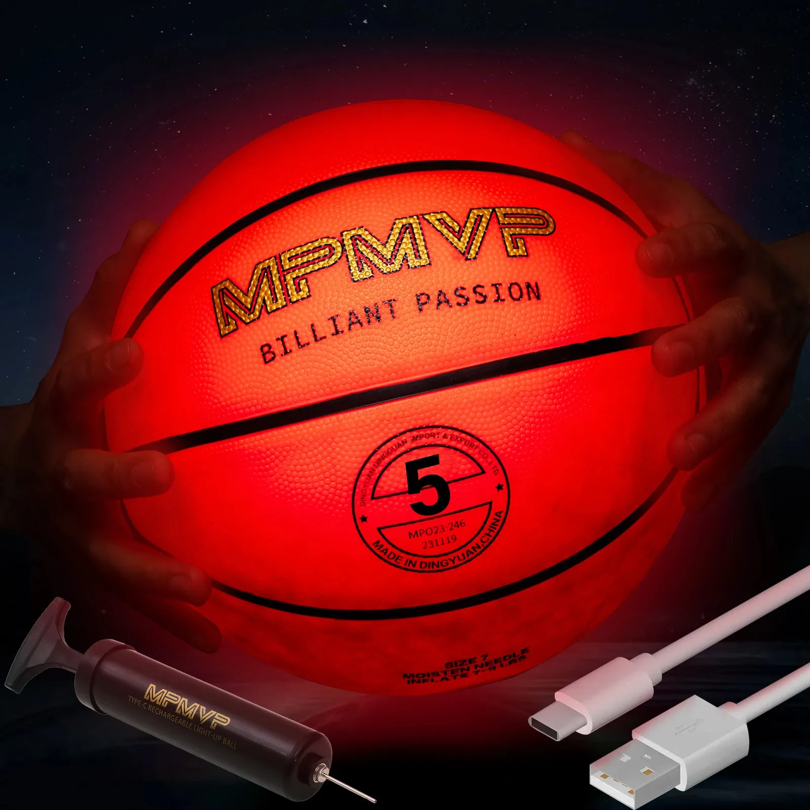 MPMVP Light Up Basketball - Size 5 - Glow in The Dark Basketball - USB Rechargeable - Gift Wraped for Kids Boys Teenagers 240407