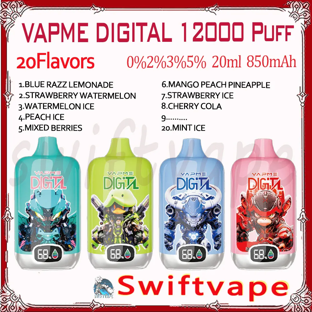 100% VAPME ORIGINAL Digital 12000 sbuffi Migaretta monouso 20 gusti da 20 ml di batteria ricaricabile da 850 mAh da 12k 0% 2% 3% 5% kit penna a vaporizzazione