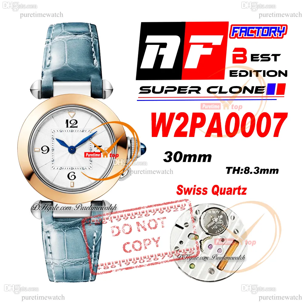 Pasha W2PA0007 Swiss Quartz Womens Watch AF 30mm Two Tone Rose Gold White Textured Dial Blue Leather Ladies Watches Lady Super Edition Reloj De Mujer Puretime PTCAR