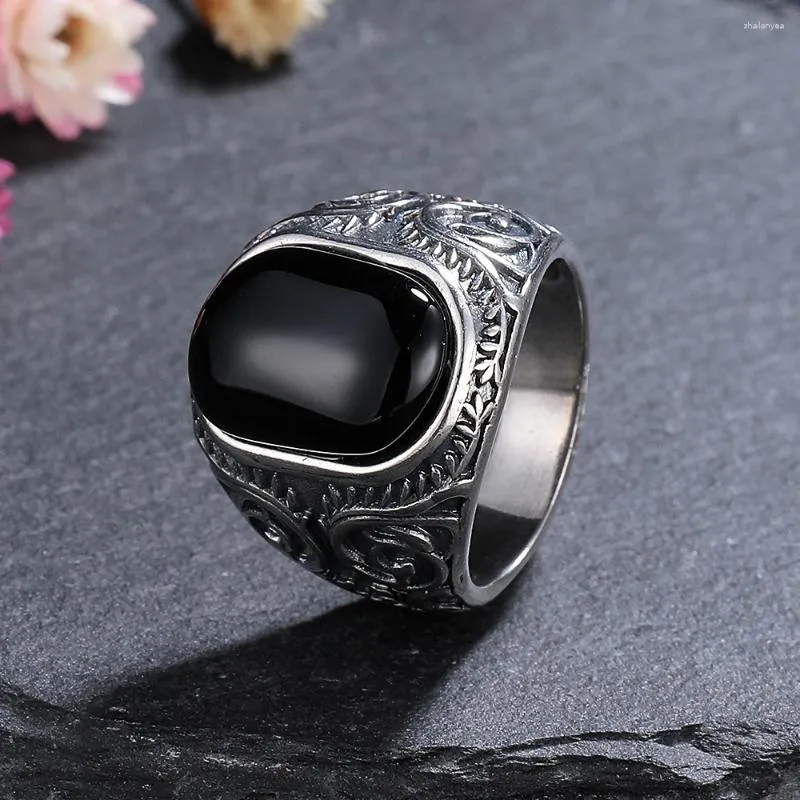 Cluster anneaux 925 Ring de bijoux en argent sterling naturel 10 mm Big Black Agate Stone Vintage pour les cadeaux de fête des femmes