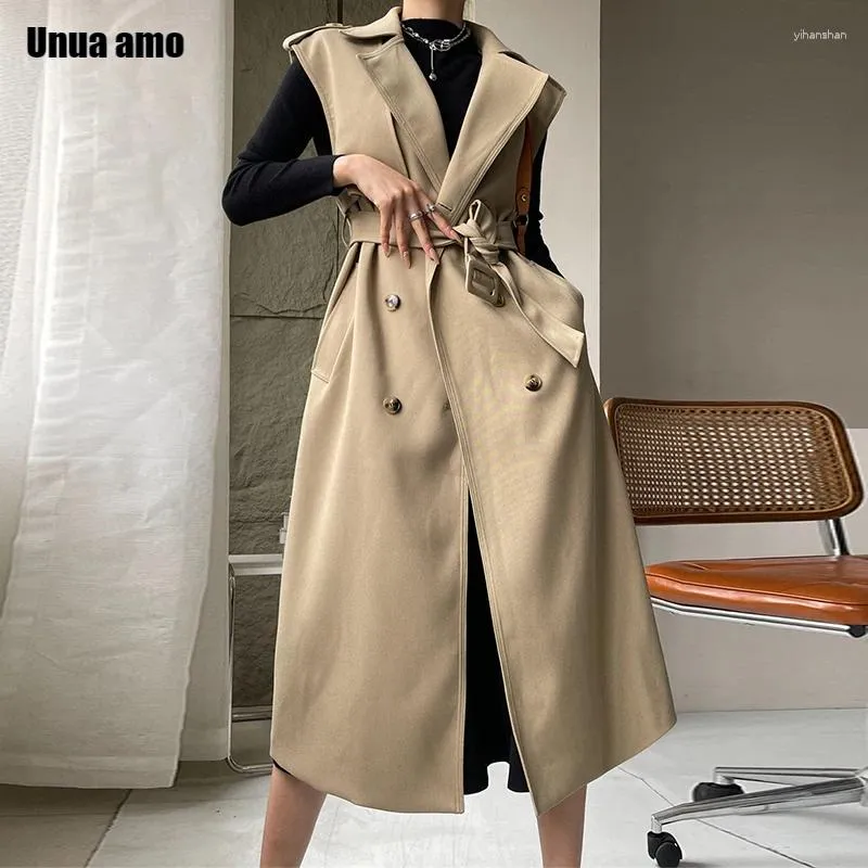 Trench de trincheira feminina Spring outono casual longa windbreak coat women 2024 laço de peito duplo sofisticado sem mangas mangas slim