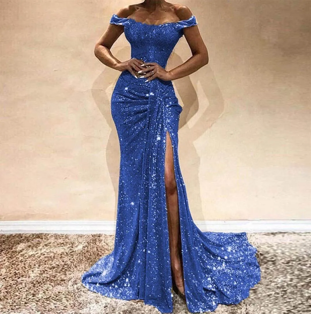 Gold Royal Blue Mermaid Prom Jurk Lace Appliques Sexy Slit S longs Off Schouder Vintage avondjurken Lange mouw Formele jurken2946163