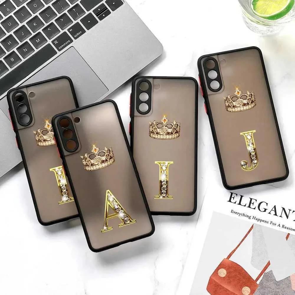 Casos de telefone celular Crown Golden Diamond S23 5G Caixa de telefone Adequado para Samsung S24 S20 FE S21 S22 Ultra Fund Galaxy S24 Plus Letra Inicial da capa fosca A I J L M J240418