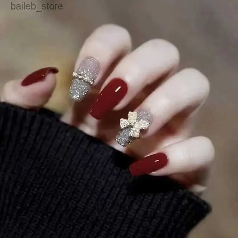 False Nails 24pcs Red Fake Nails with Shiny Gold Bow Design Artifical Nail Patch for Lady Girl Wearable Full Cover Fashion False Nail Tips Y240419