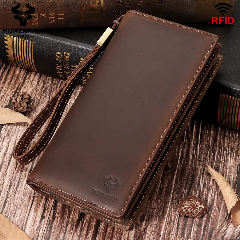 Wallets Long Style Men's Genuine Leather Wallet with Zipper Coin Pocket Large Capacity Male Clutch Cell Phone Pocket RFID Card Holder