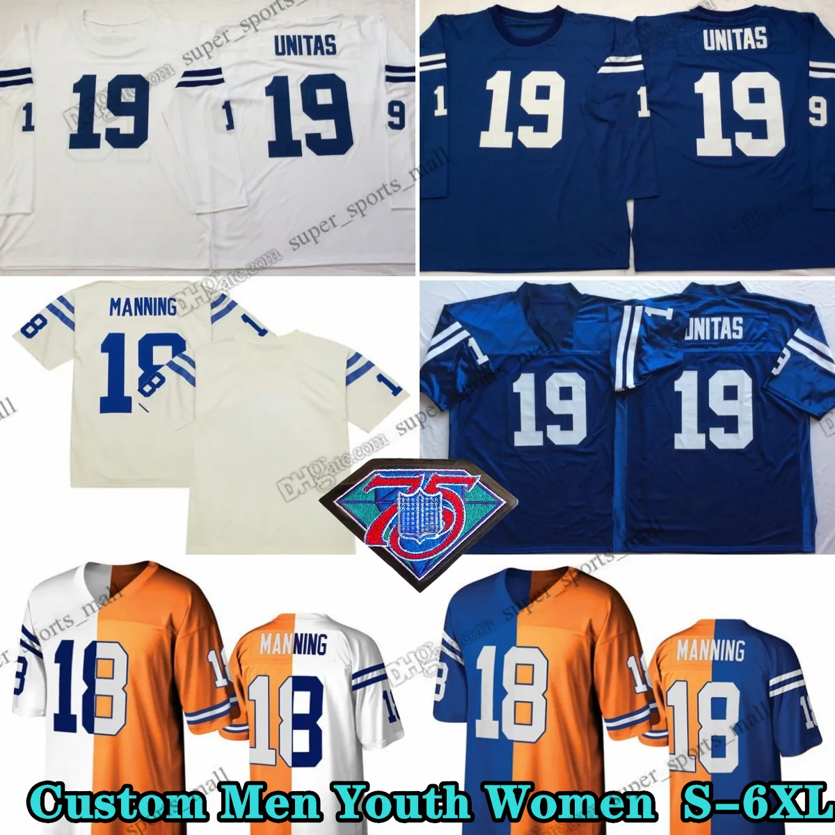 Custom S-6xl 75th reminback 19 Johnnyunitas 1978 Jerseys de futebol 18 PeytonManning 88 Marvinharrison 82 Raymondberry 89 Ginomarchetti Dwightfreeney Lennymoore