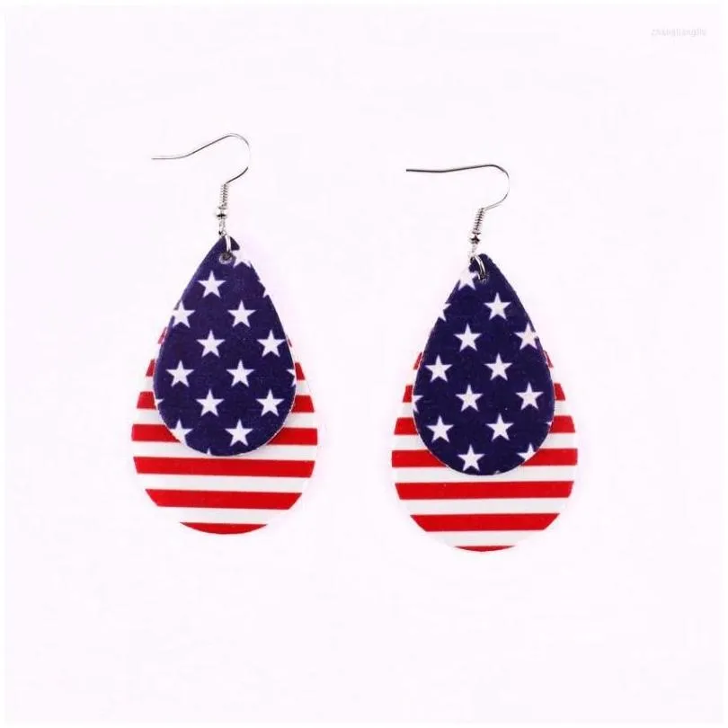 Dangle Chandelier Earrings Independence Day American Flag Us Stars and Stripes PU Leather Round Leaf Teardrop Drop for Women Jewel dhlmn