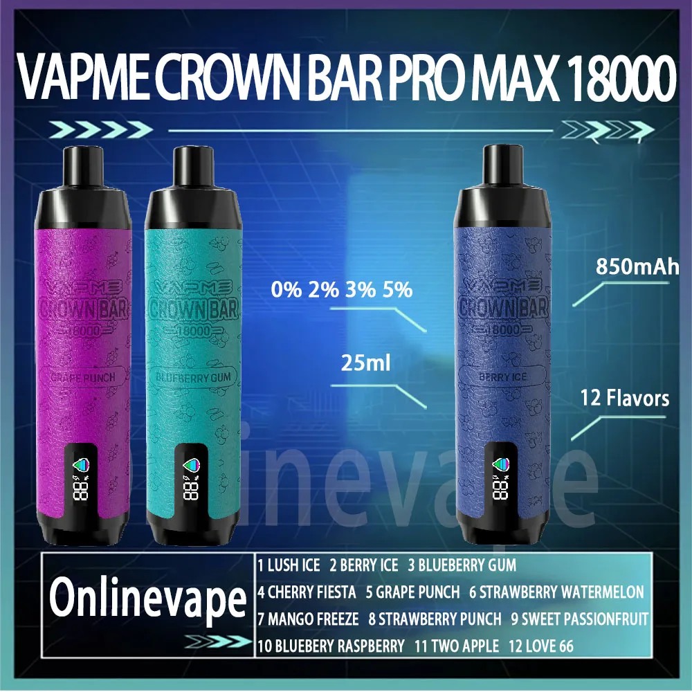 Original VapMe Crown Bar Pro Max 18000 Puff Disponível E Cigarros E 25 ml de Bateria de Bateria Recarregável CIGS Pushs 18k 0% 2% 3% 5% VAPE PEN