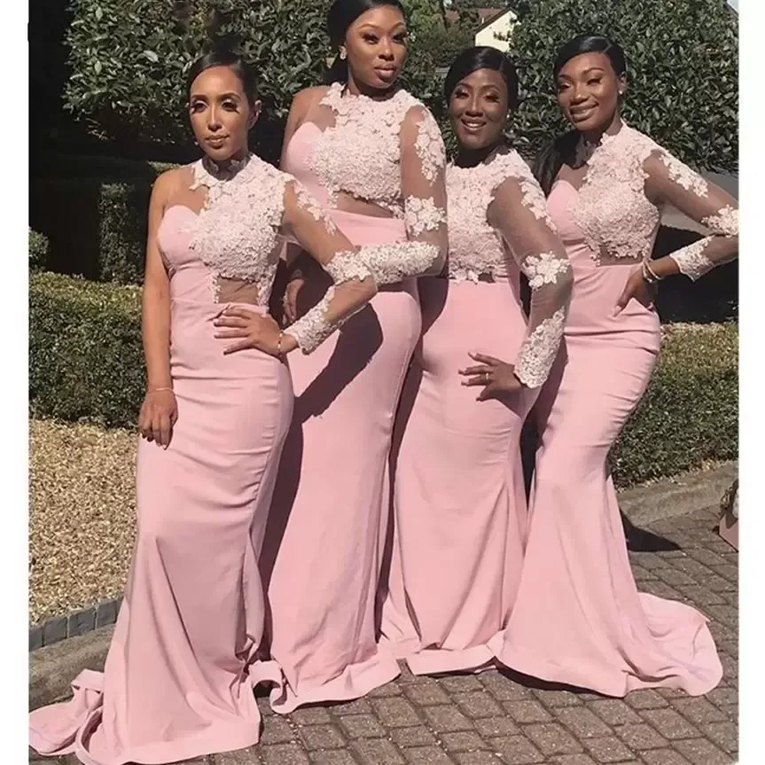 2024 Pink Brautjungfer Kleider Spitze Applikat Eine Schulter lange Ärmel Chiffo Tulle Juwel Neck Beach Hochzeitsgastkleider Plus Size Custom Made gemacht