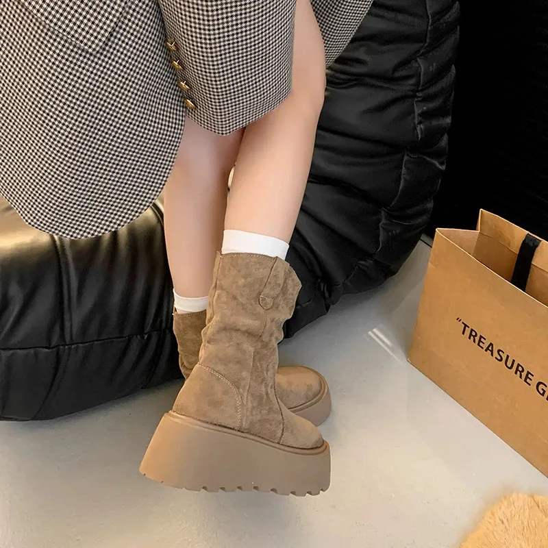 Suede Platform Ankle Boots For Women Mid Heel Walking Shoes Non Slip_voghion.com