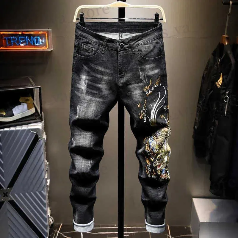 Jeans para hombres Jeans para hombres Pantalones recortados con pantalones de vaquero masculinos de hip hop negros estampados