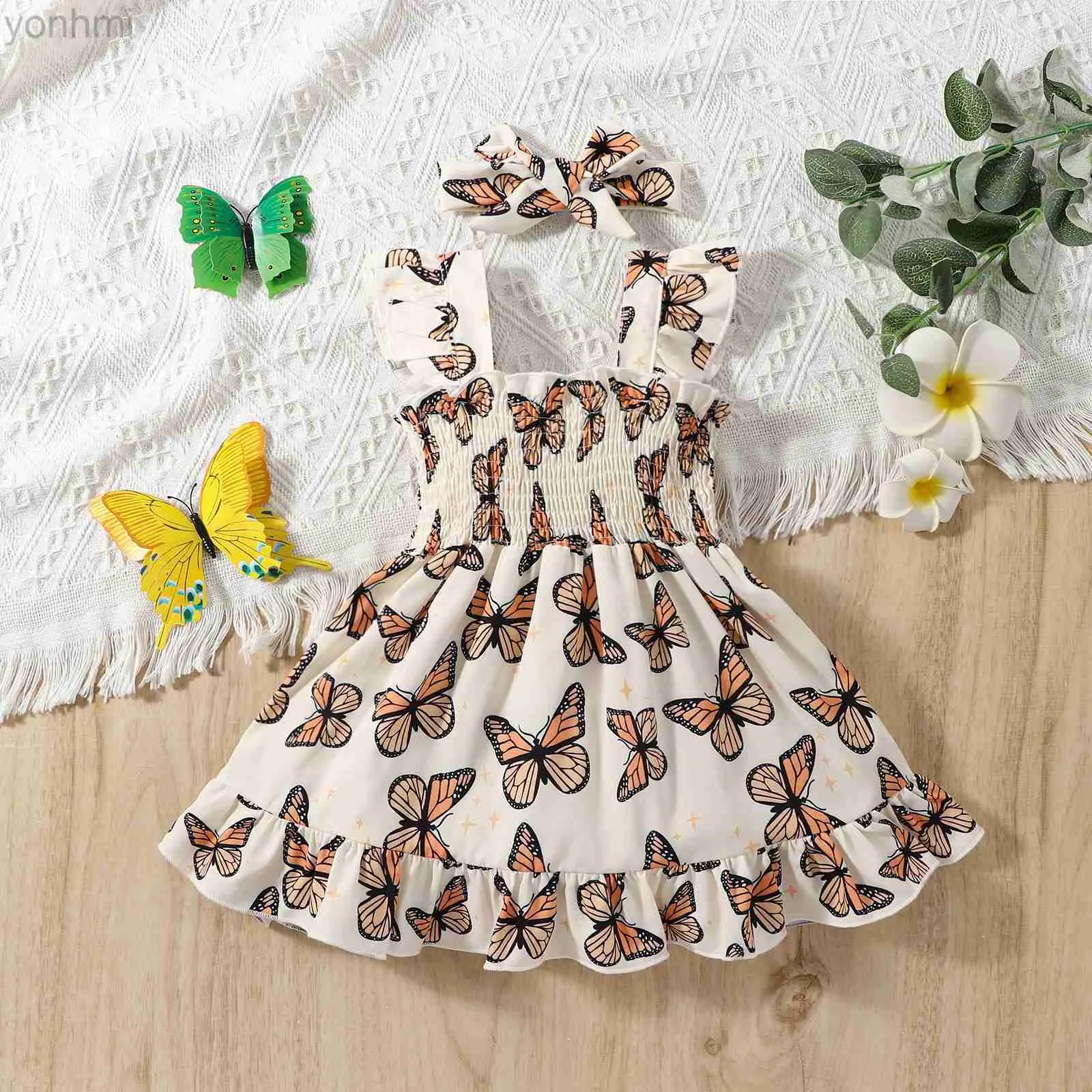 Robes de la fille, Adorable papillon adorable robe imprimé de robe, bande de bande de nœud pour bébés filles D240423