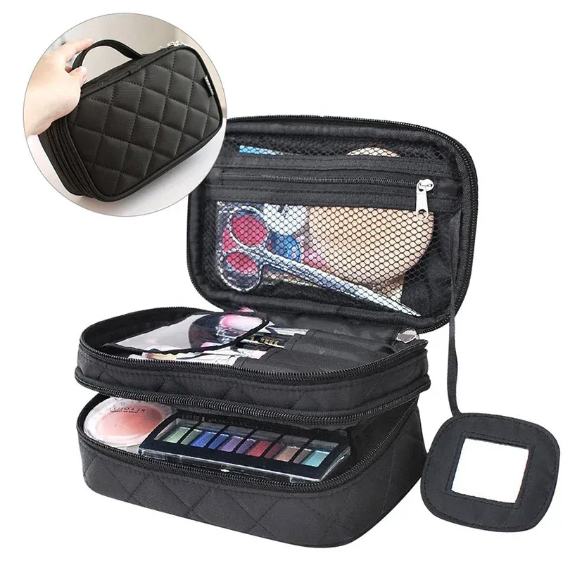 Cases Women 2 Layer Small Makeup Cosmetic Brush Bag with Mirror Portable Travel Pouch Organizer Neceser Bathroom Wash Bag