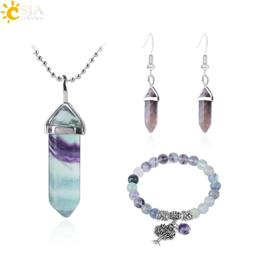 CSJA Point de guérison Collier Fluorite Bracelet Bijoux Bijoux Ensemble Amethyst Earge Natural Gemstone Quartz Hexagonal Bullet Jewe8511580