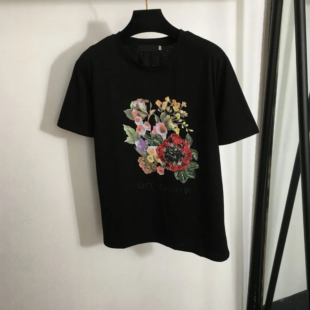 2024 Designers T-shirts Fashion T Shirts Women Letter Shirt New Sequin beaded colorful flower short sleeve T-shirt White Black ladies top blouse crop top coat SMLXL