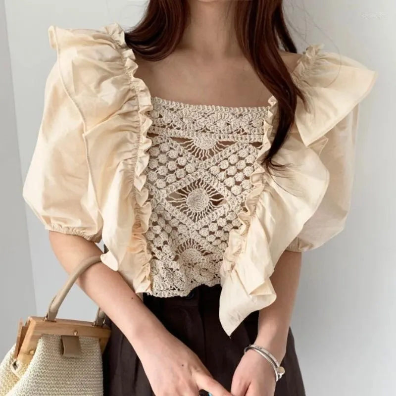 Blouses pour femmes Crochet à manches bouffantes Blouse de dentelle femme 2024 Tops d'été Shirt Square Femmes Short Solid Vintage Shirts 27104