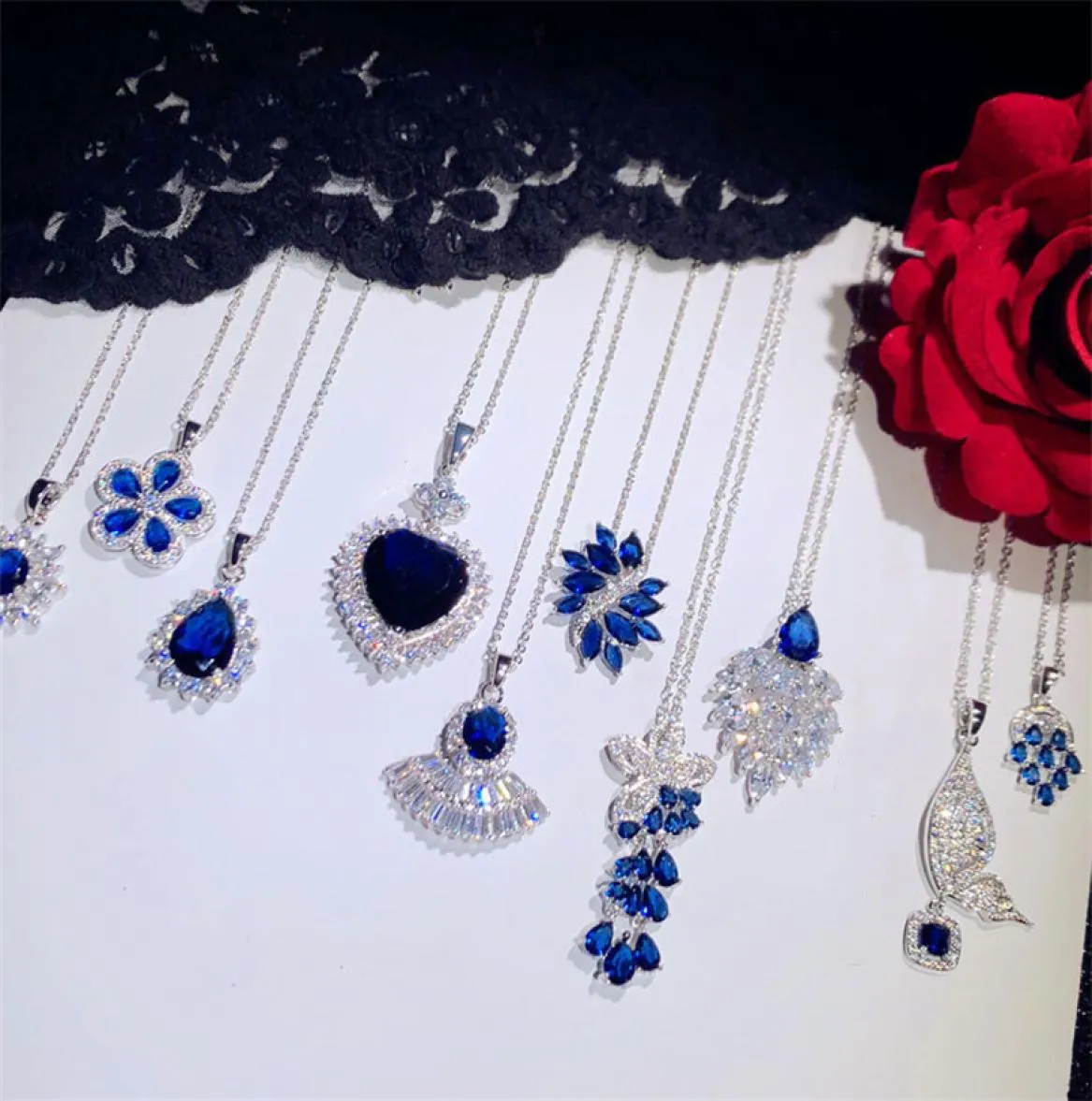 Colliers Pendants pour femmes Solid 925 Silver Sapphire bleu cubique zircone luxe fin bijoux claviculaire chaîne de haute qualité Q05317474980