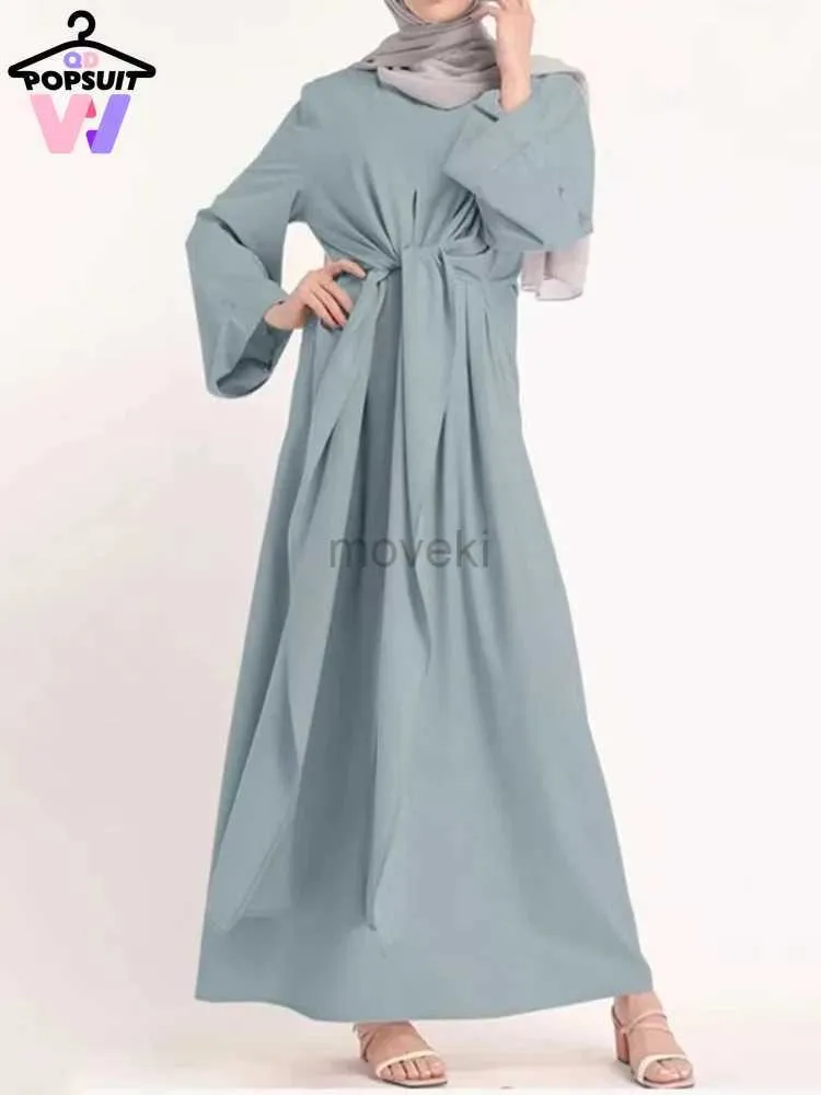 Ubranie etniczne Nowe na wiosnę Lato Kobiety Ubierz Ramadan Abaya Solid Solid Musulmane Lace-up talia Pełna długość nabożeństwa Abaya Long Sukienka D240419