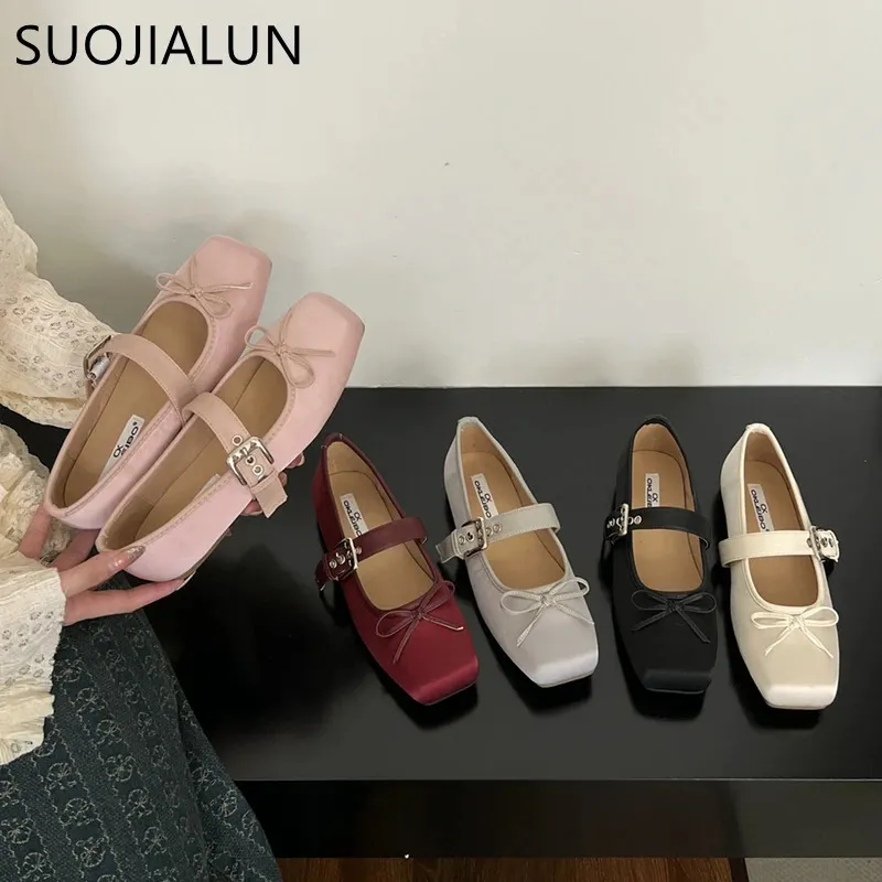 Suojialun Autumn Women Flat Ballet Shoes Fashion Märke Square Toe Slip On Grunt Ladies Casual Ballerinas Shoes Soft Flat 240415