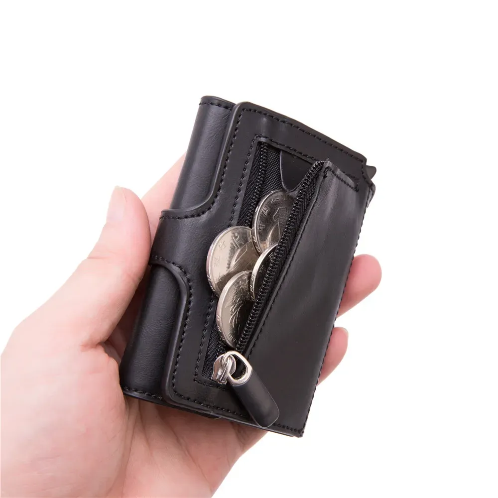 Wallets Customized Wallet Credit Card Holder Men Wallet RFID Aluminium Box Bank Card Holder Coins Pocket Leather Wallet with Money Clips