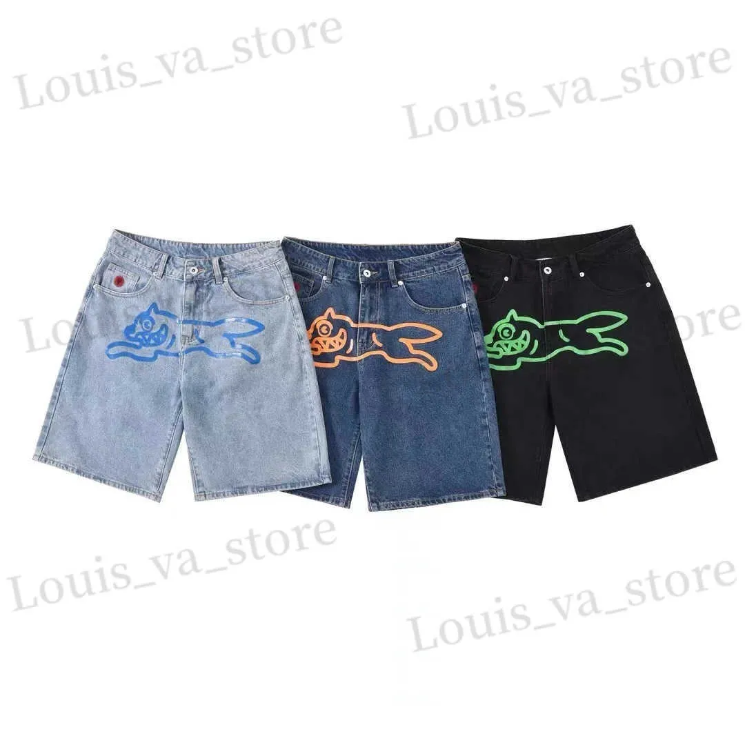 Men's Shorts Summer Flying Dog Printed Mens Denim Shorts Hip Pop Vintage Loosen Jeans Y2K Straight Leg Baggy Shorts T240419