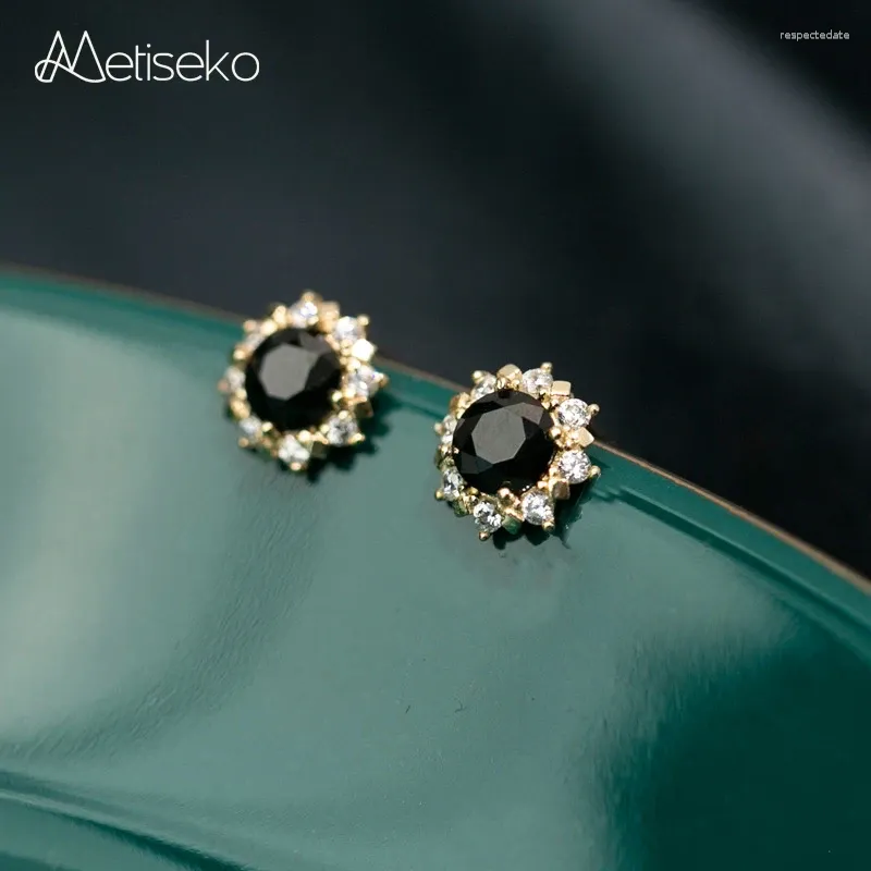 Pendientes de sementales Metiseko 925 Sterling Plated 14k Gold Black Cúconia Cúcica Forma de girasol Retrostyle para mujeres