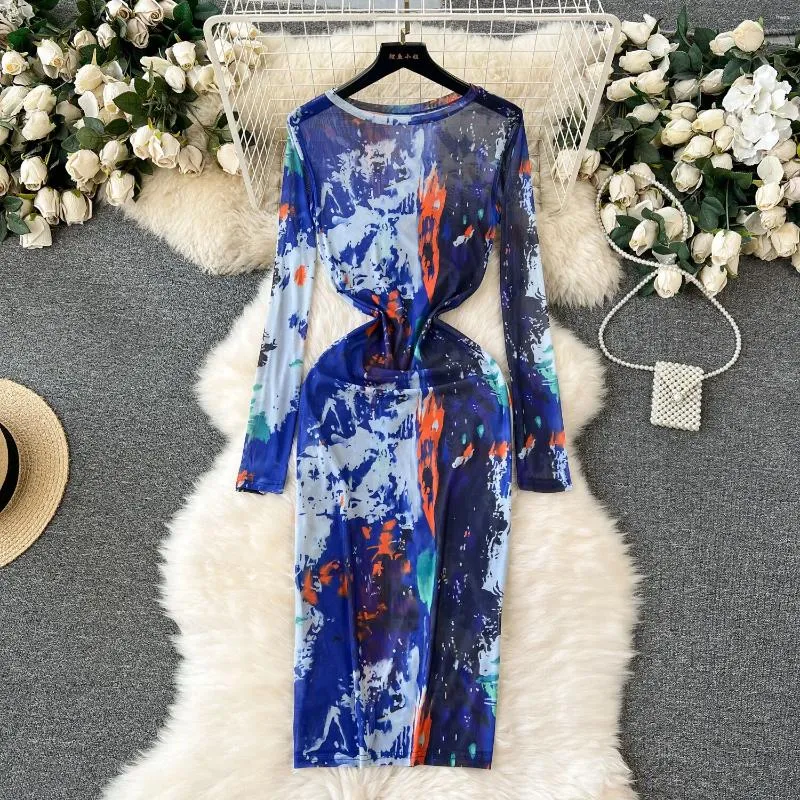 Robes décontractées Foamlina Robe en mailles à manches longues pour les femmes Summer O Coup Tie Dye Slim Bodycon Party Club Outwear