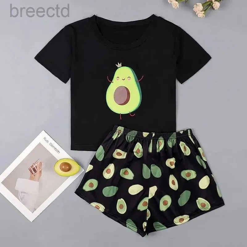 Women's Sleep Lounge Avocado Print Pajamas Suits Women Shorts Sleepwear Summer Ladies Pajamas Set Short Sleeve T-Shirt Round Neck Shorts Outdoor Wear d240419