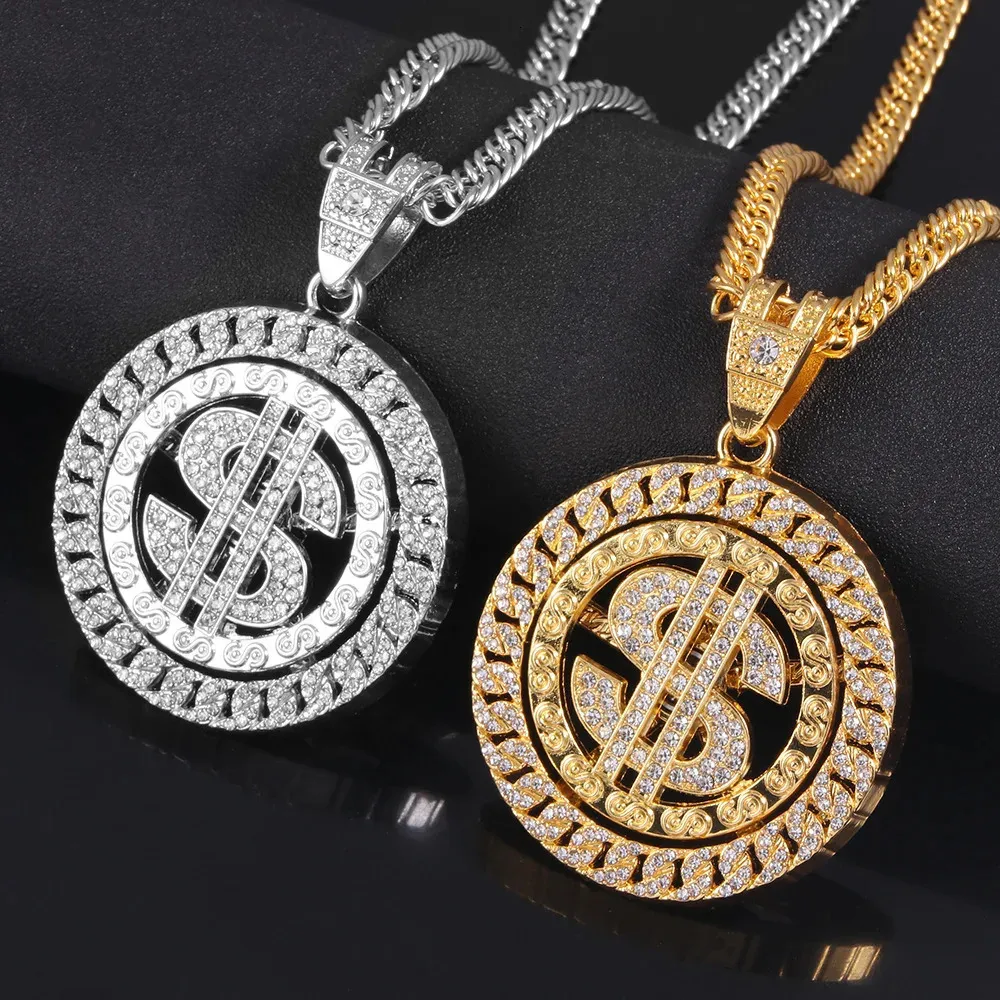 Hip Hop rotativo de dólar estadounidense colgante hombres dorado color de color ídelo de cristal colgante de rocas bling rapero bling jewerly 240323